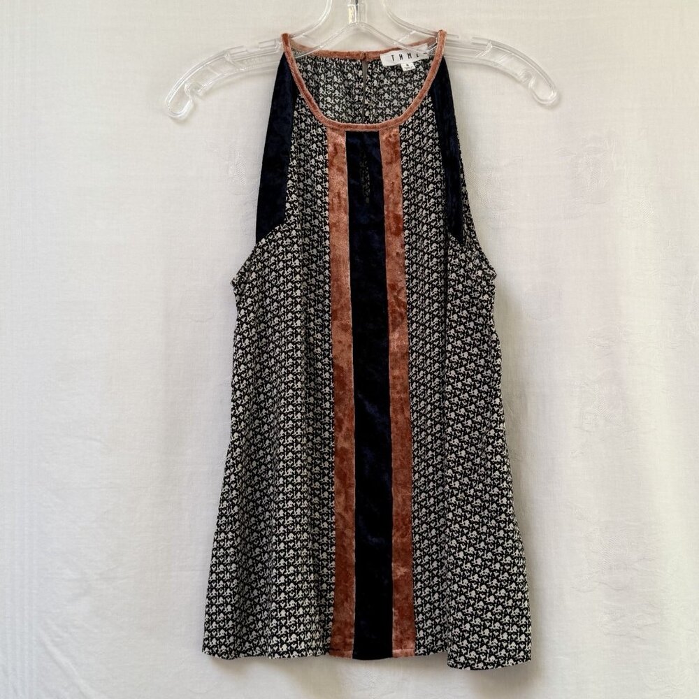 THML Velvet Boho Top Womens Small Keyhole Hippie Festive Blue Orange‎ Geometric